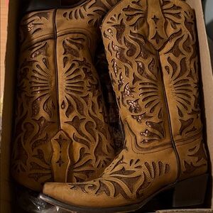 Women's Tan Embroidered Western Boots -To the Knee